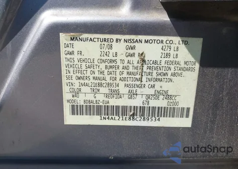 2008 Nissan Altima 2.5 S from USA, damaged, VIN 1N4AL21E88C289534